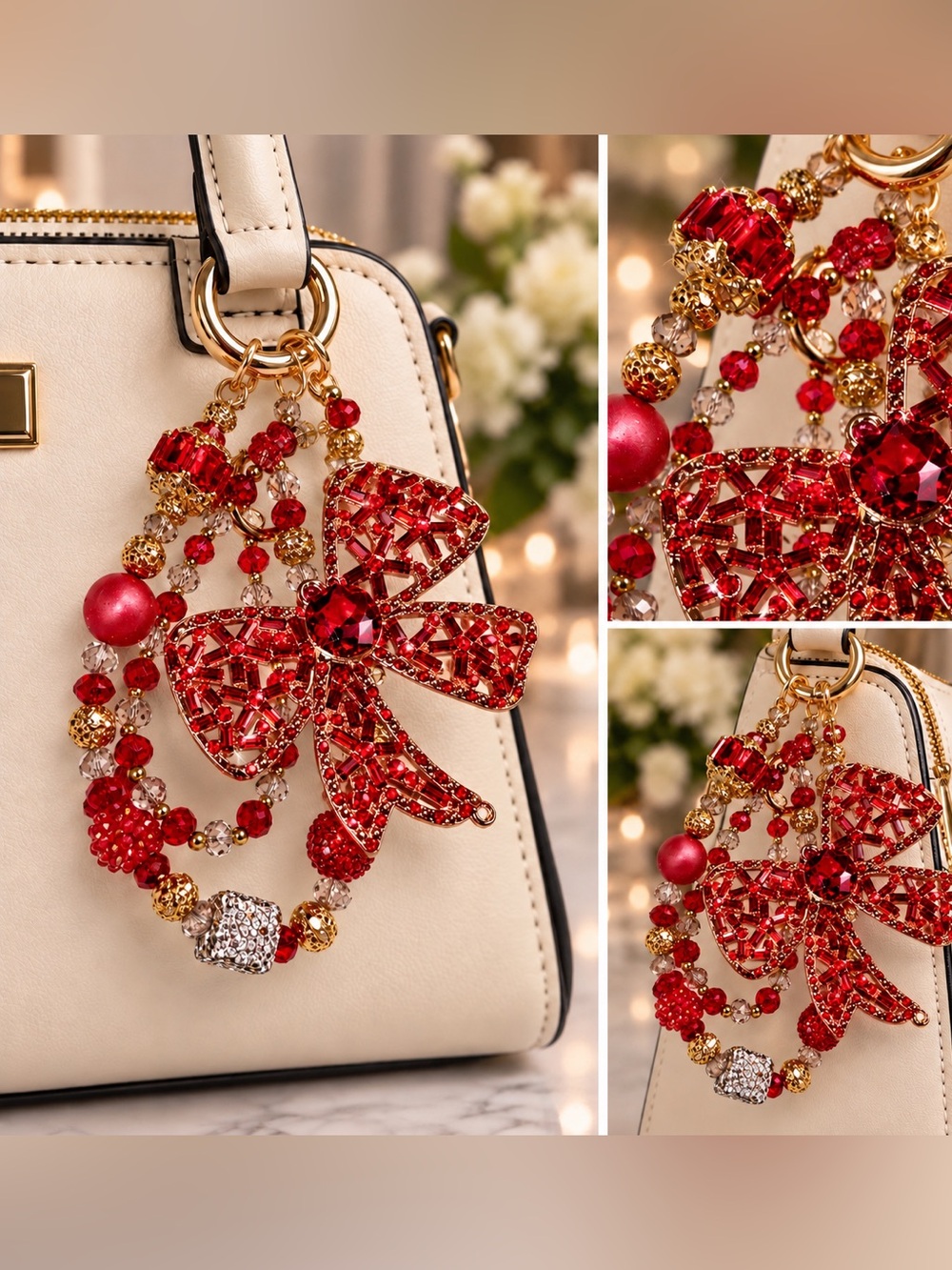 Red Crystal Bow Bag Charm Keychain -huge. New
